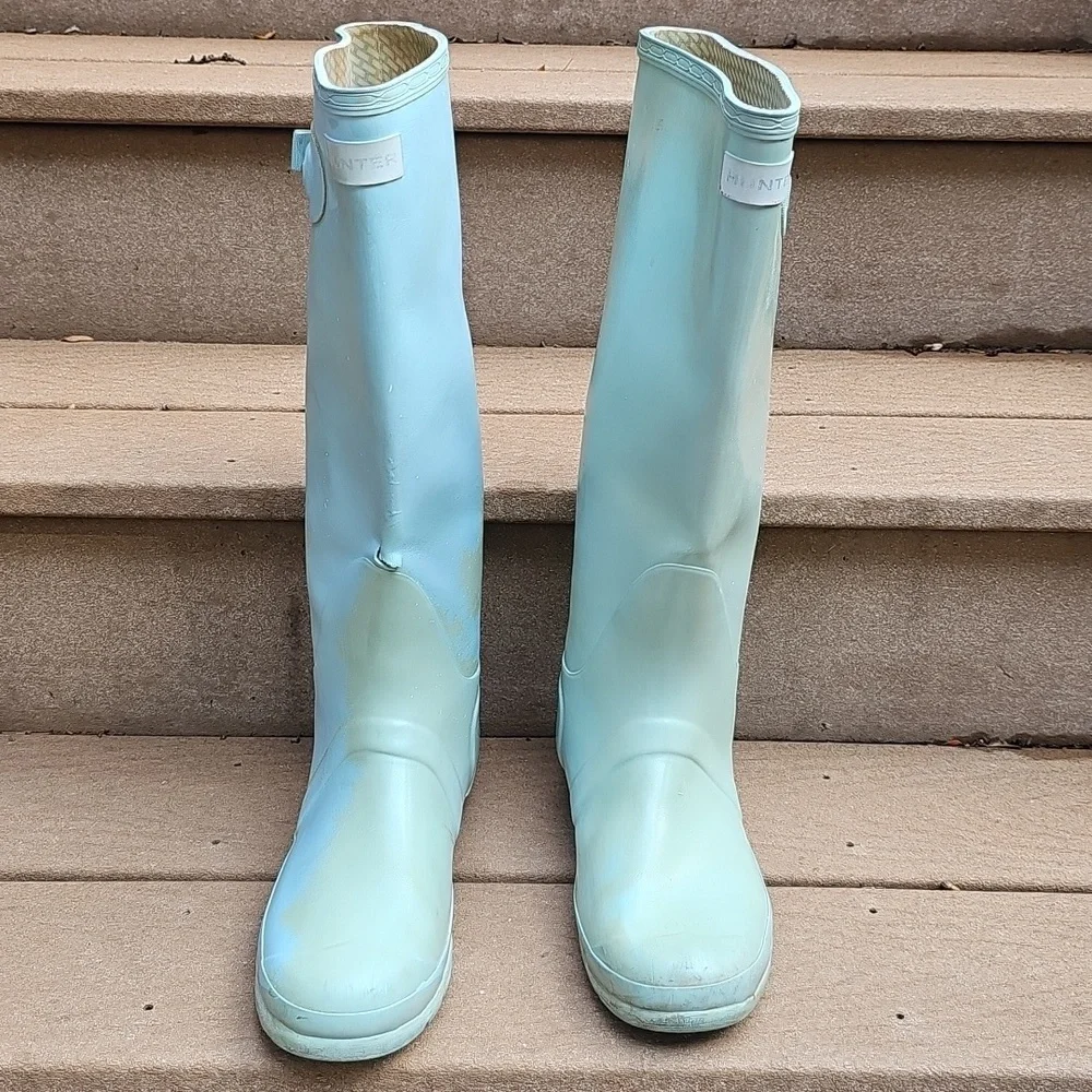 Hunter Original Gloss Tall Boots light blue well used worn with FLAWS SEE PHOTOS